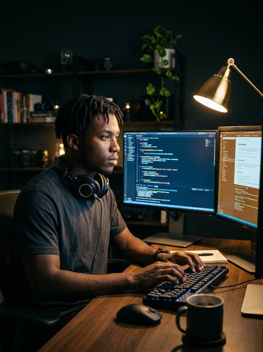 A developer coding late at night with dual monitors