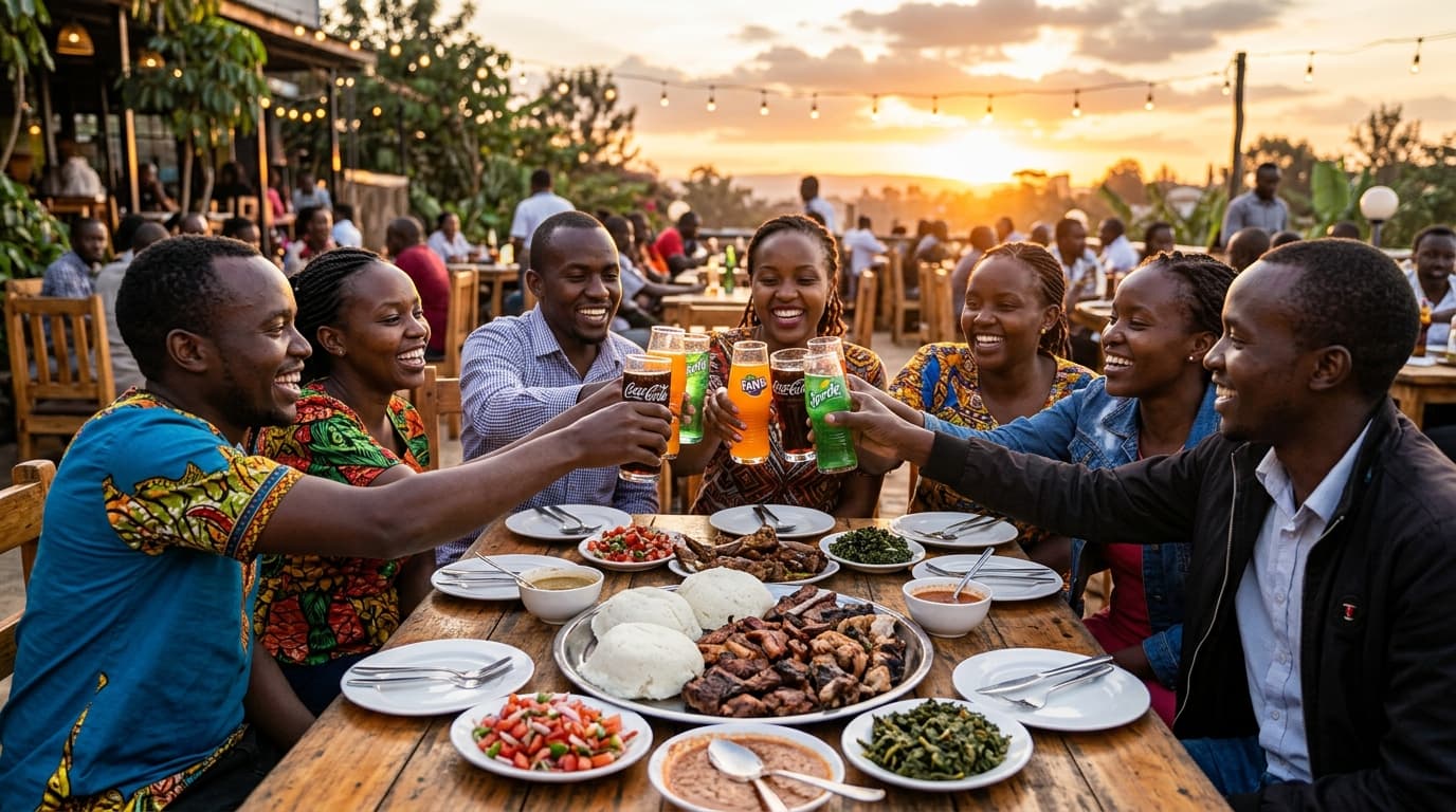 Friends toasting at sunset in Kenya