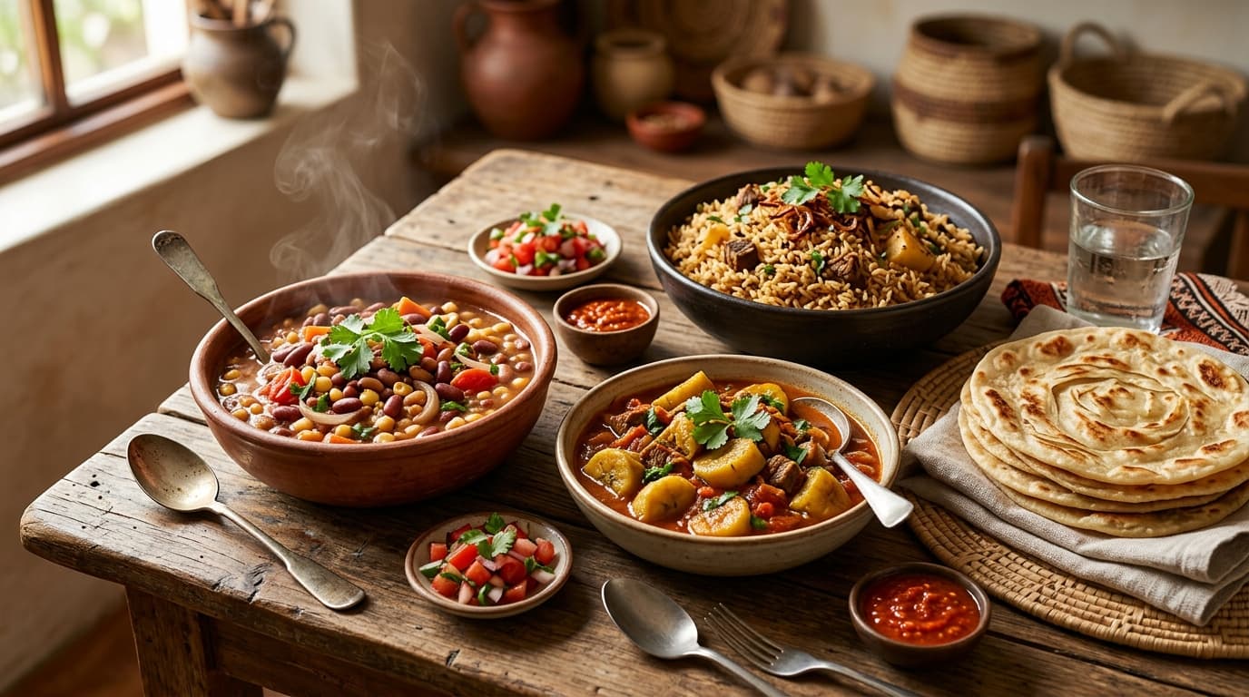 Spread of Githeri, Matoke, Chapati, and Rice
