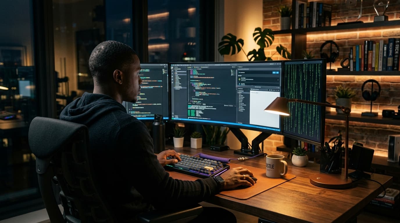 An African engineer coding late at night with multiple monitors