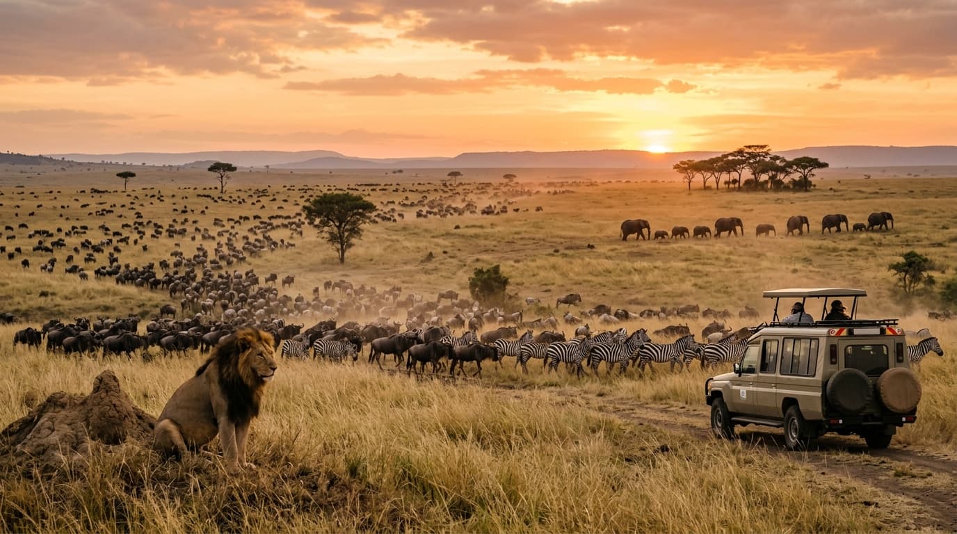 The vast golden Maasai Mara at sunset